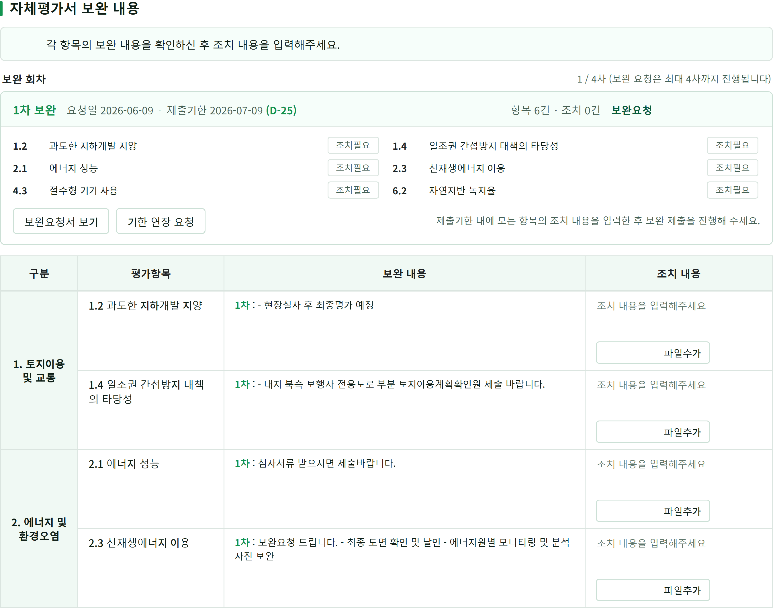 서류보완 탭. 1차 보완 회차의 요청일·제출기한·상태가 접힘 제목으로 표시되고, 그 아래 구분·평가항목·보완 내용·조치 내용 네 열의 표에 인증기관의 요청 문구와 비어 있는 조치 내용 입력란이 나열된다.