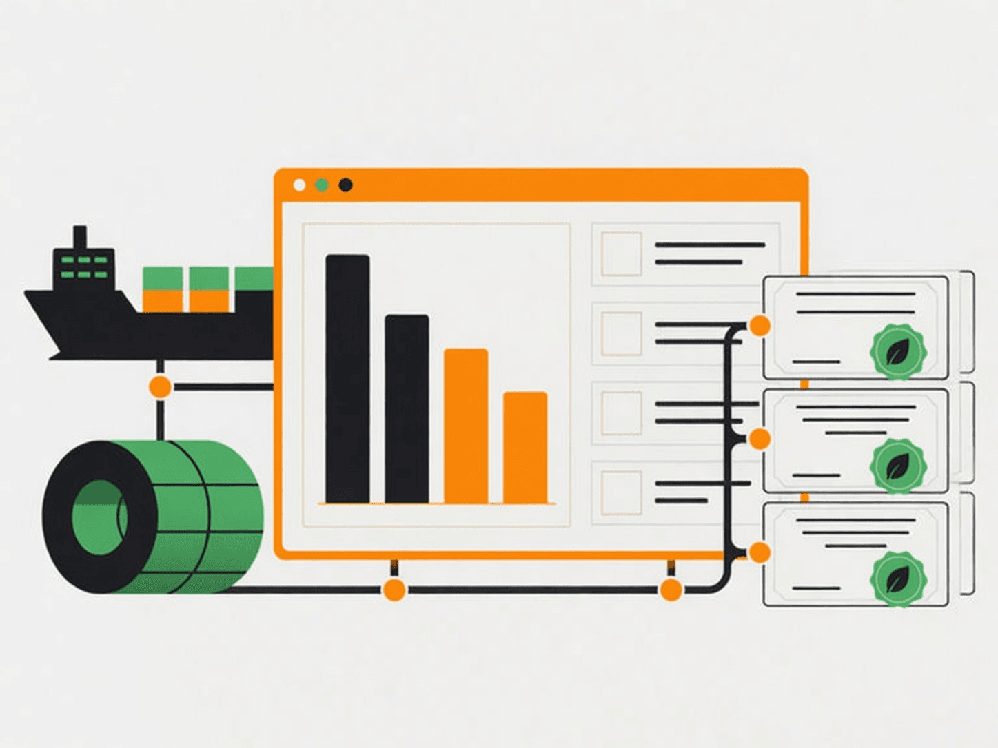 수입 화물·철강과 CBAM 인증서 등록 화면을 연결한 일러스트